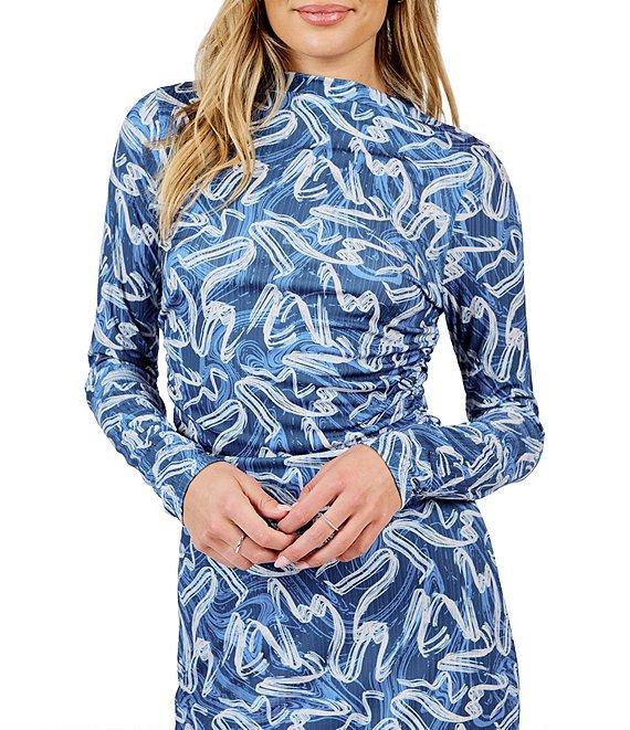 Sadie & Sage Printed Texture Knit High Neck Long Sleeve Side Ruched Fitted Top Product Image