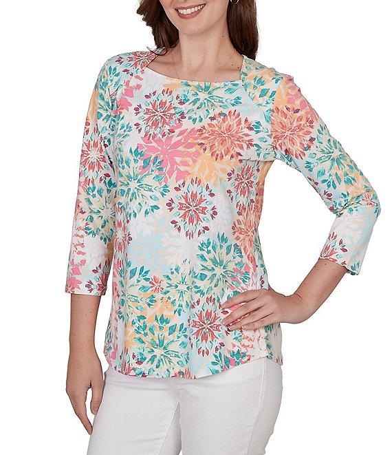 Ruby Rd. Knit Medallion Floral Square Neck 3/4 Sleeve Top Product Image