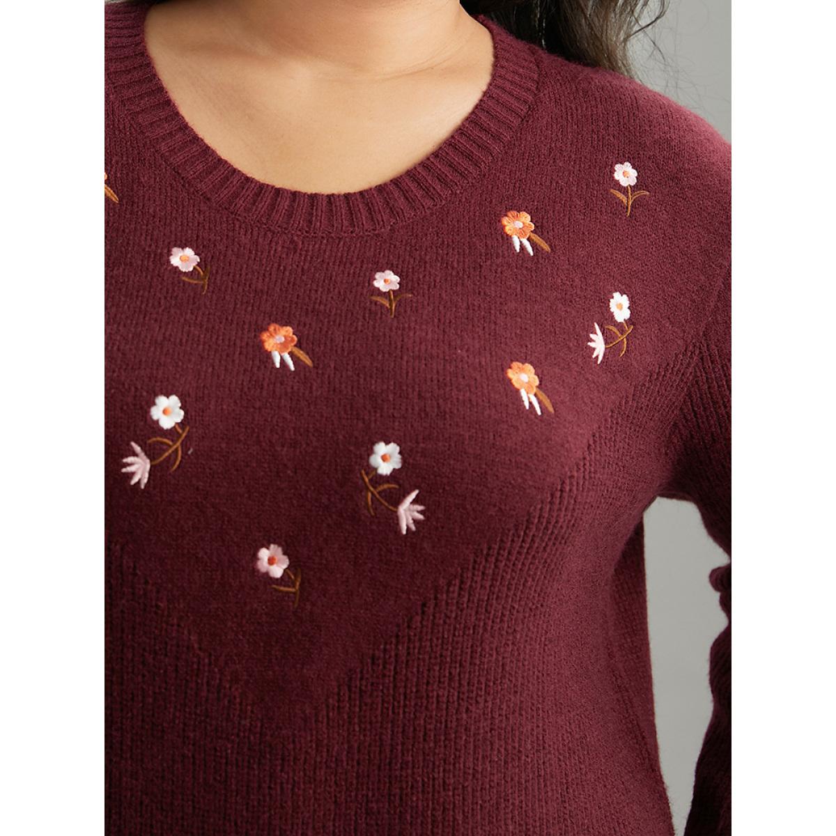 Plus Size Floral Embroidered Loose Elastic Cuffs Pullover Burgundy Women Casual Loose Long Sleeve Round Neck Dailywear Pullovers BloomChic 10/M Product Image