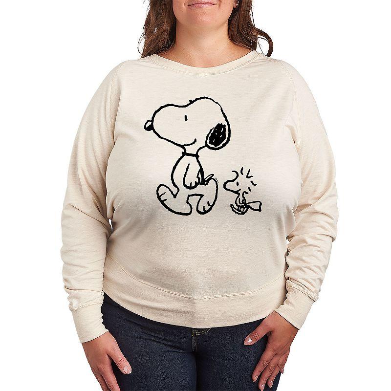 Plus Size Peanuts Snoopy & Woodstock Walk French Terry Long Sleeve Tee, Womens Grey Green Product Image