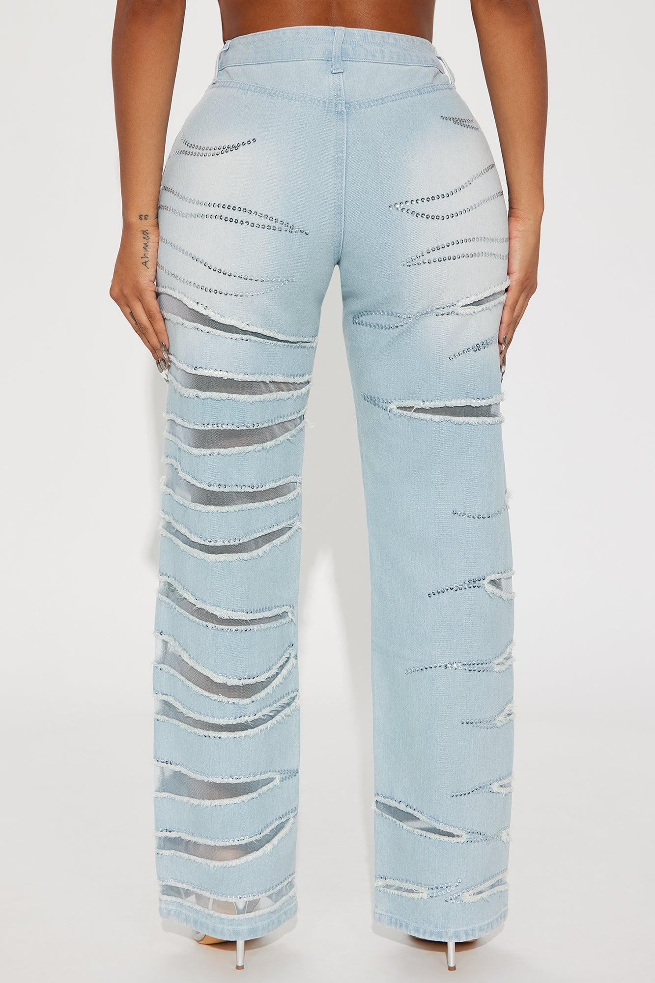 Zaria Embellished Cut Out Straight Leg Jeans - Light Wash Product Image