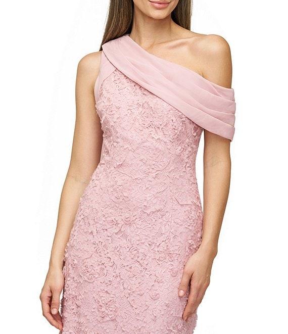 JS Collections Lace Floral Soutache Asymmetrical Neck with Chiffon Drape Back Gown Product Image