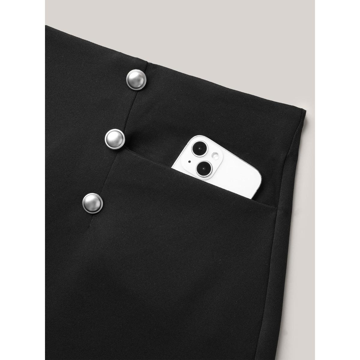 Plus Size Buckle Side Buttons Flared Midi Skirt Women Black At the Office Button Medium stretch Slanted pocket Work Skirts BloomChic 10/M Product Image