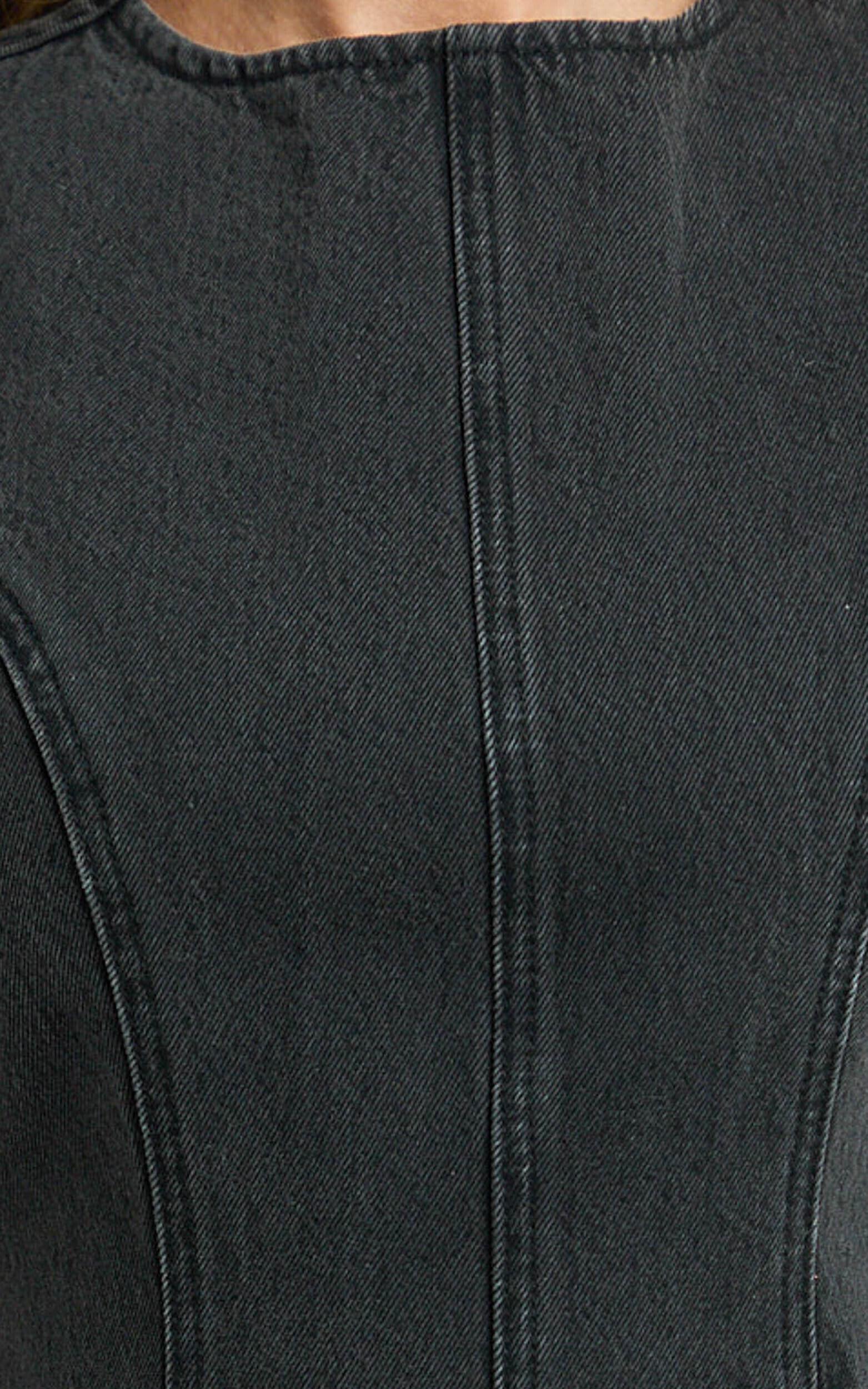 Olenna Mini Dress - High Neck Fitted Denim Dress in Washed Black Product Image