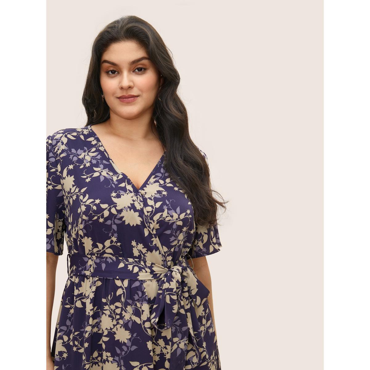 Plus Size Floral Print Overlap Collar Belted Flutter Sleeve Dress Blackcurrant Women Elegant Overlapping Overlap Collar Short sleeve Curvy Midi Dress BloomChic 18-20/2X Product Image