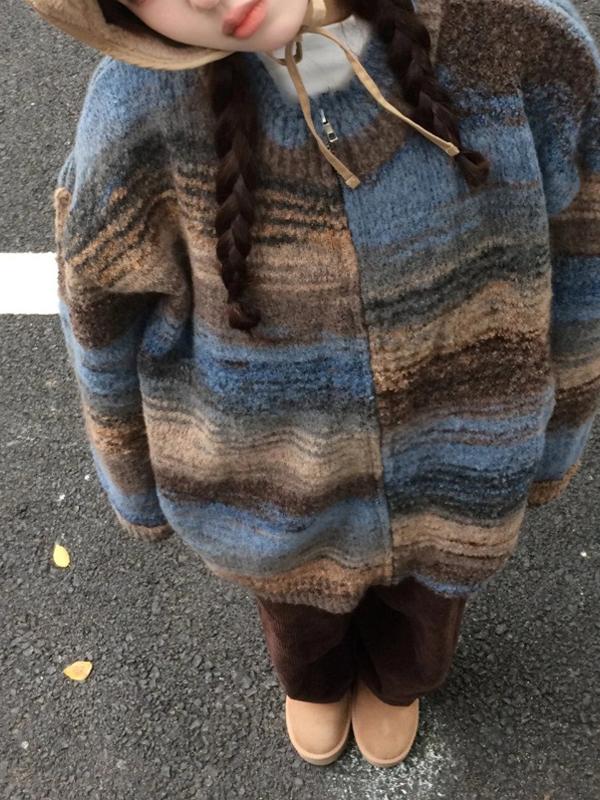 Lazy Style Color Block Stripes Cardigan Product Image