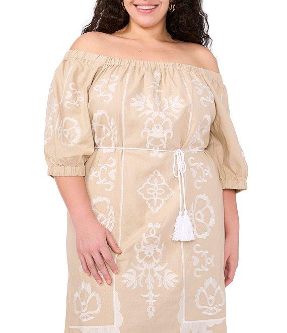 Vince Camuto Plus Off-The-Shoulder 3/4 Sleeve Belted Shift Midi Dress Product Image