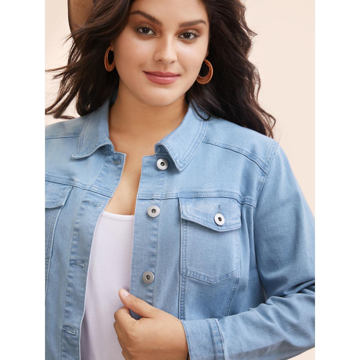 Women Stretch Denim Hourglass-Fit Jacket Denimblue Plus Size Button Everyday Casual Denim Jackets BloomChic 14-16/1X Product Image