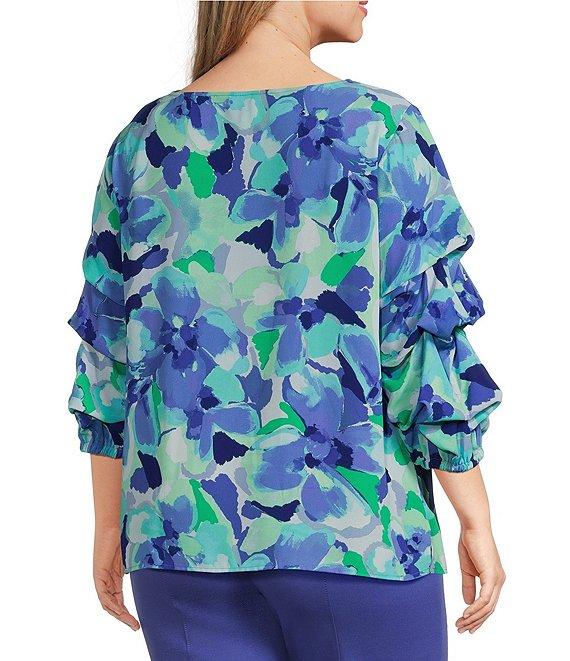 Slim Factor By Investments Plus Size Kara Painted Garden Boat Neck 3/4 Tiered Sleeve Top Product Image