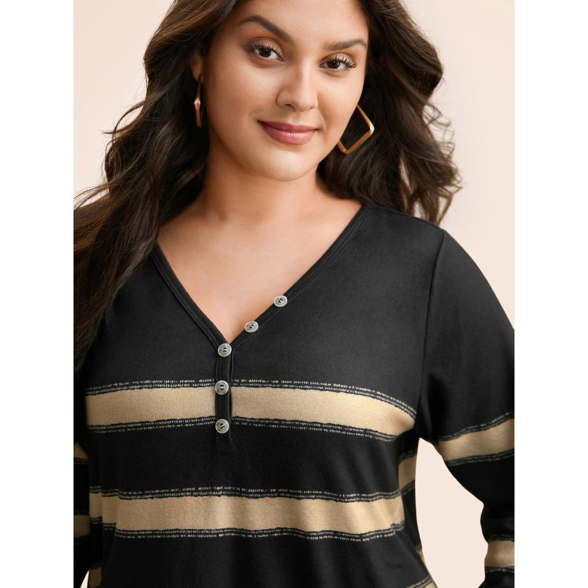 Plus Size Contrast Striped Button Detail T-shirt Black Women Casual Button V-neck Everyday T-shirts BloomChic 10/M Product Image
