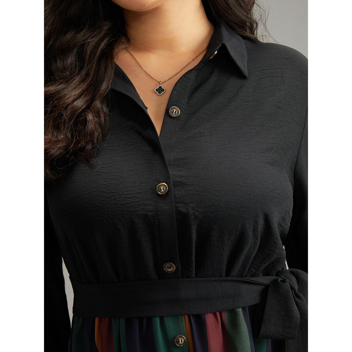 Plus Size Colour Striped Patchwork Belted Button Through Dress Indigo Women Office Belted Shirt collar Long Sleeve Curvy Midi Dress BloomChic 28/5X Product Image
