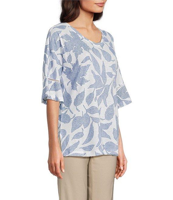 Ali Miles Knit Leaf Print Linen Blend V-Neck 3/4 Lace Sleeve Tunic Product Image
