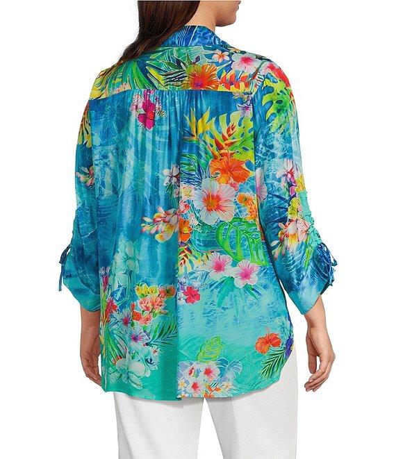 John Mark Plus Size Tropical Floral Print Point Collar Elbow Cinched Tie Sleeve Button Front Tunic Product Image