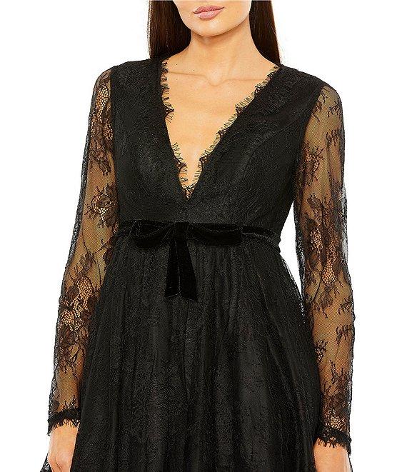 Mac Duggal Long Sleeve V-Neck Lace A-Line Dress Product Image