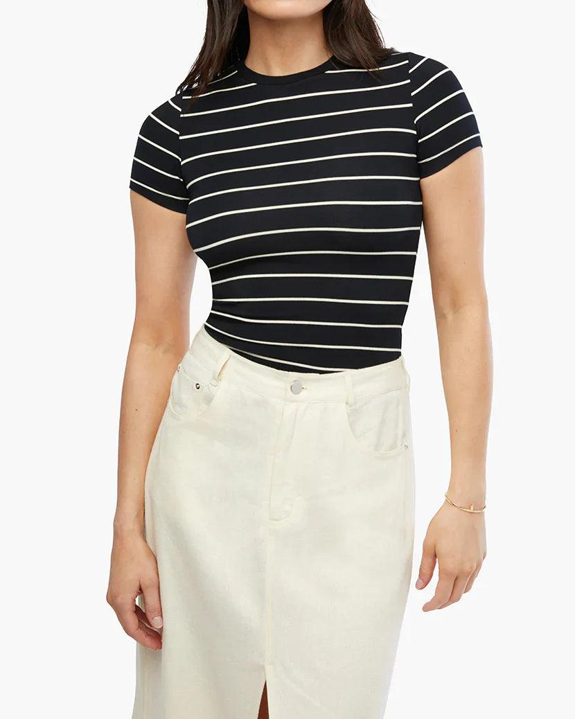FINAL SALE WeWoreWhat | Striped Fitted Crew Neck Top | Black & Antique White Product Image