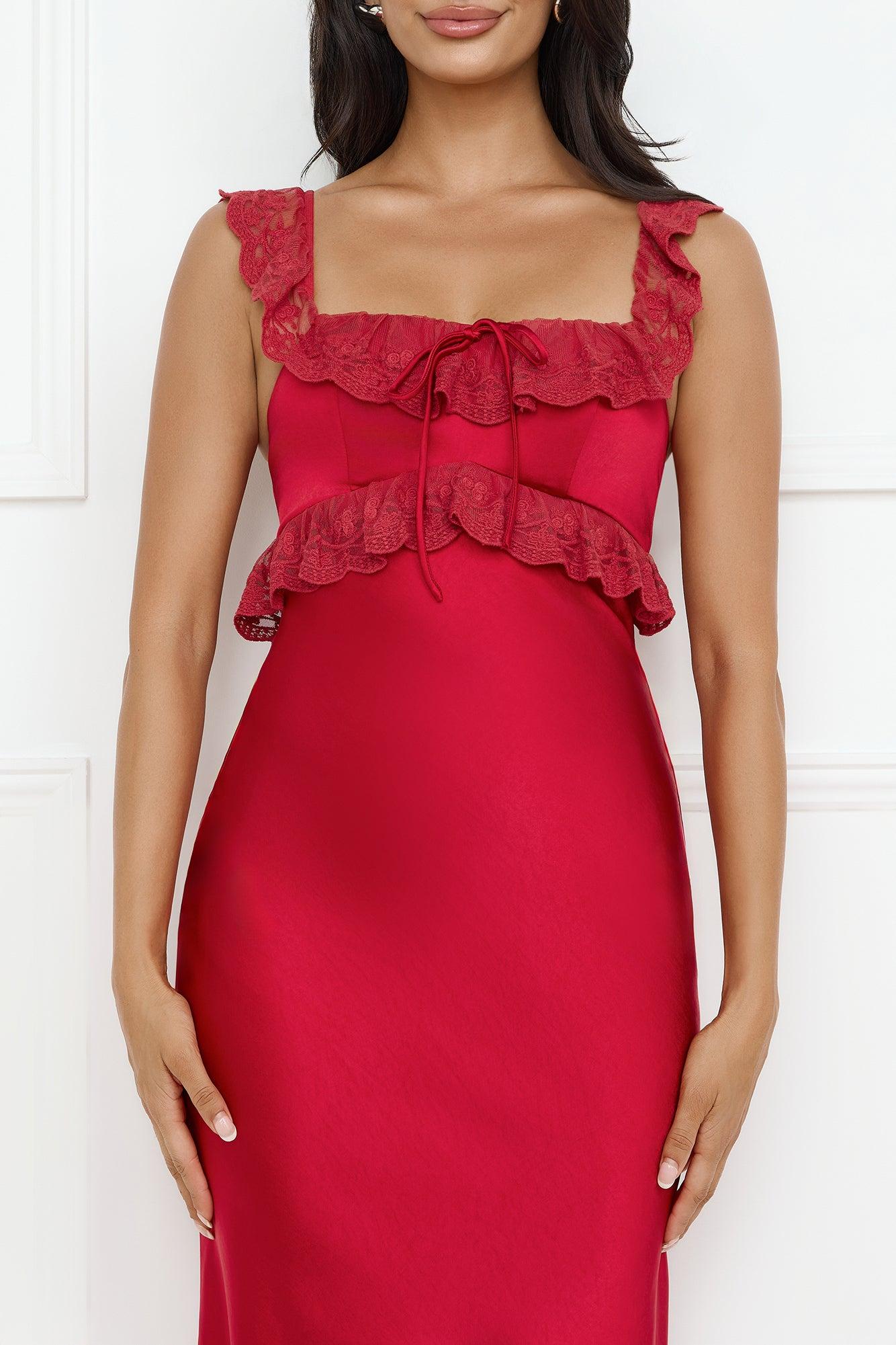 Waltzing In Romance Satin Maxi Dress Red Product Image