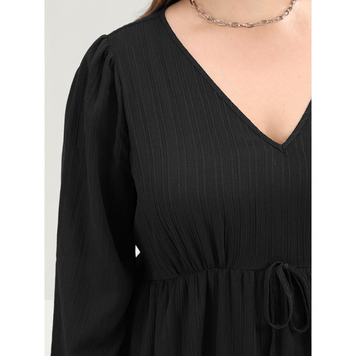 Plus Size Solid Lantern Sleeve Pocket Textured Ties Up Flutter Dress Black Women Office V-neck Long Sleeve Curvy Midi Dress BloomChic 26/4X Product Image