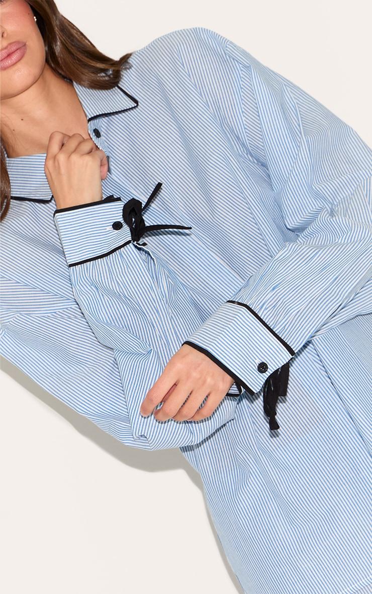 Blue Stripe Contrast Piping Tie Detail Long Pj Set Product Image