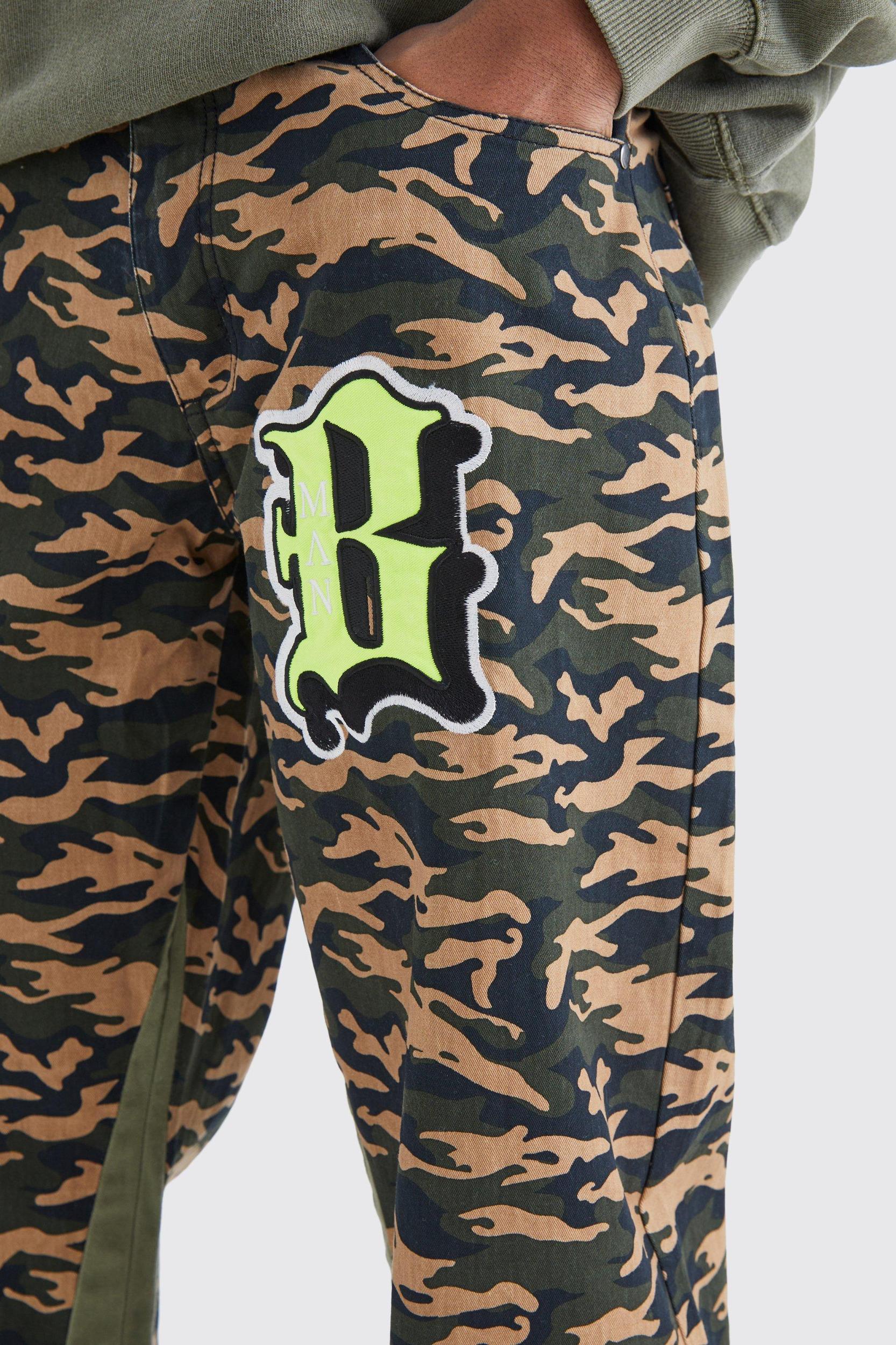 Camo Gusset Detail Applique Flared Pants | boohooMAN USA Product Image