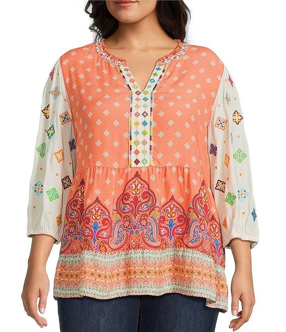John Mark Plus Size Embroidered Mix Printed Split V-Neck 3/4 Bubble Sleeve Tunic Product Image