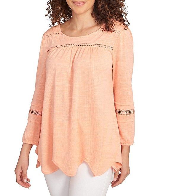 Ruby Rd. Knit Scoop Neck 3/4 Bishop Sleeve Lace Trim Scallop Hem Top Product Image