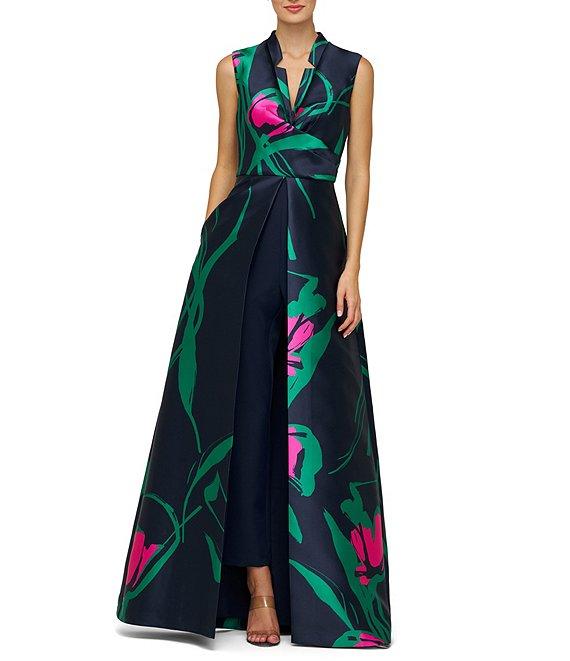 Kay Unger Sutton Large Abstract Floral Mikado V-Notch Collared Sleeveless Jumpsuit Product Image