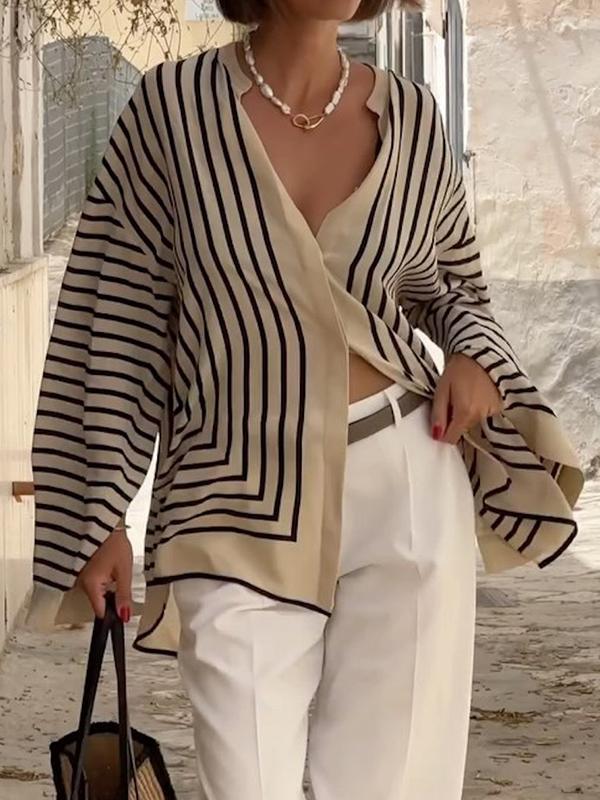 Long Sleeves Loose Buttoned Striped Stand Collar Blouses&Shirts Tops Product Image