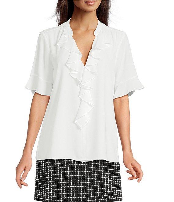 KARL LAGERFELD PARIS Short Sleeve Ruffle Front V-Neck Blouse Product Image