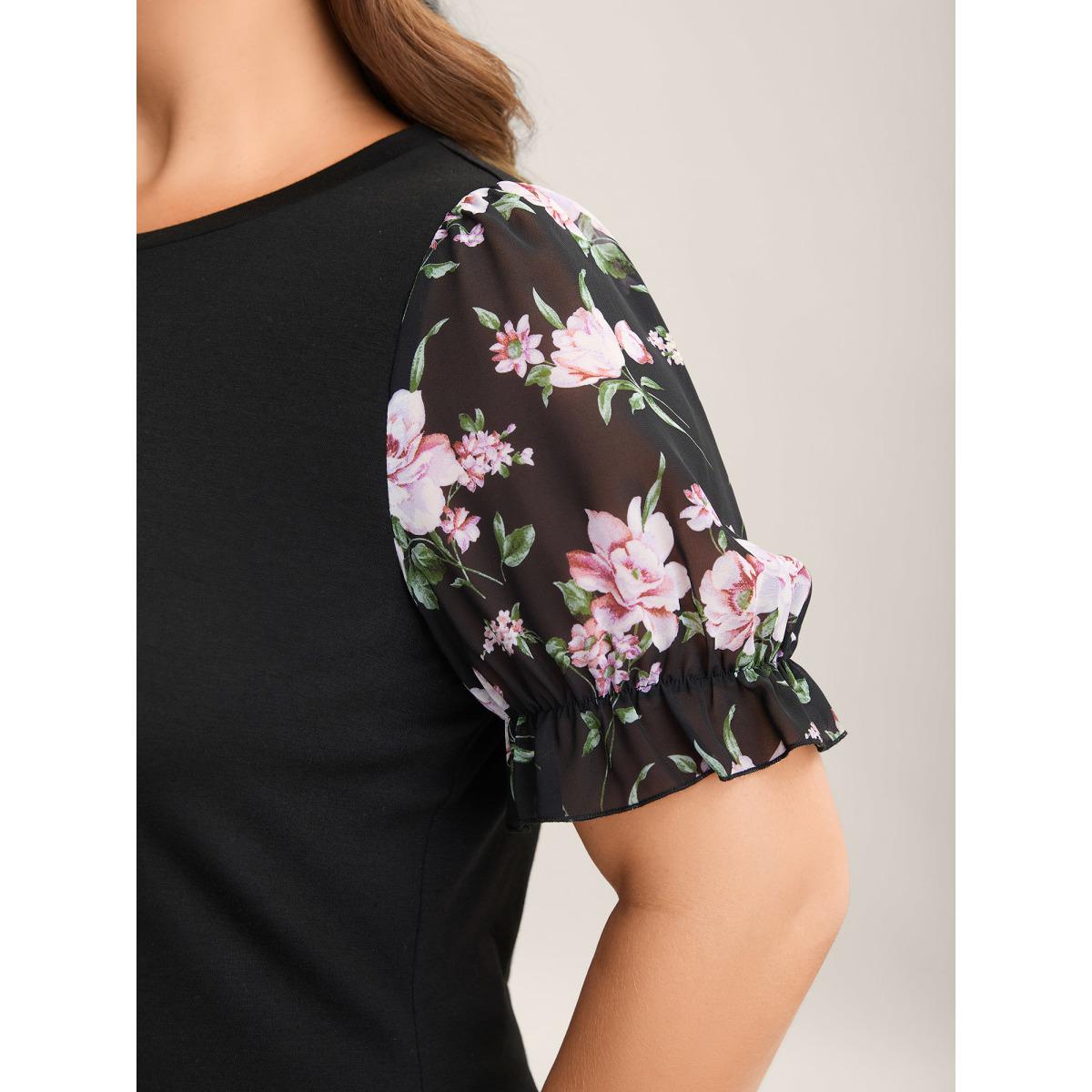 Plus Size Printed Puff Sleeve Crew Neck T-Shirt Black Women Elegant Gathered Natural Flowers Round Neck Everyday T-shirts BloomChic 22-24/3X Product Image