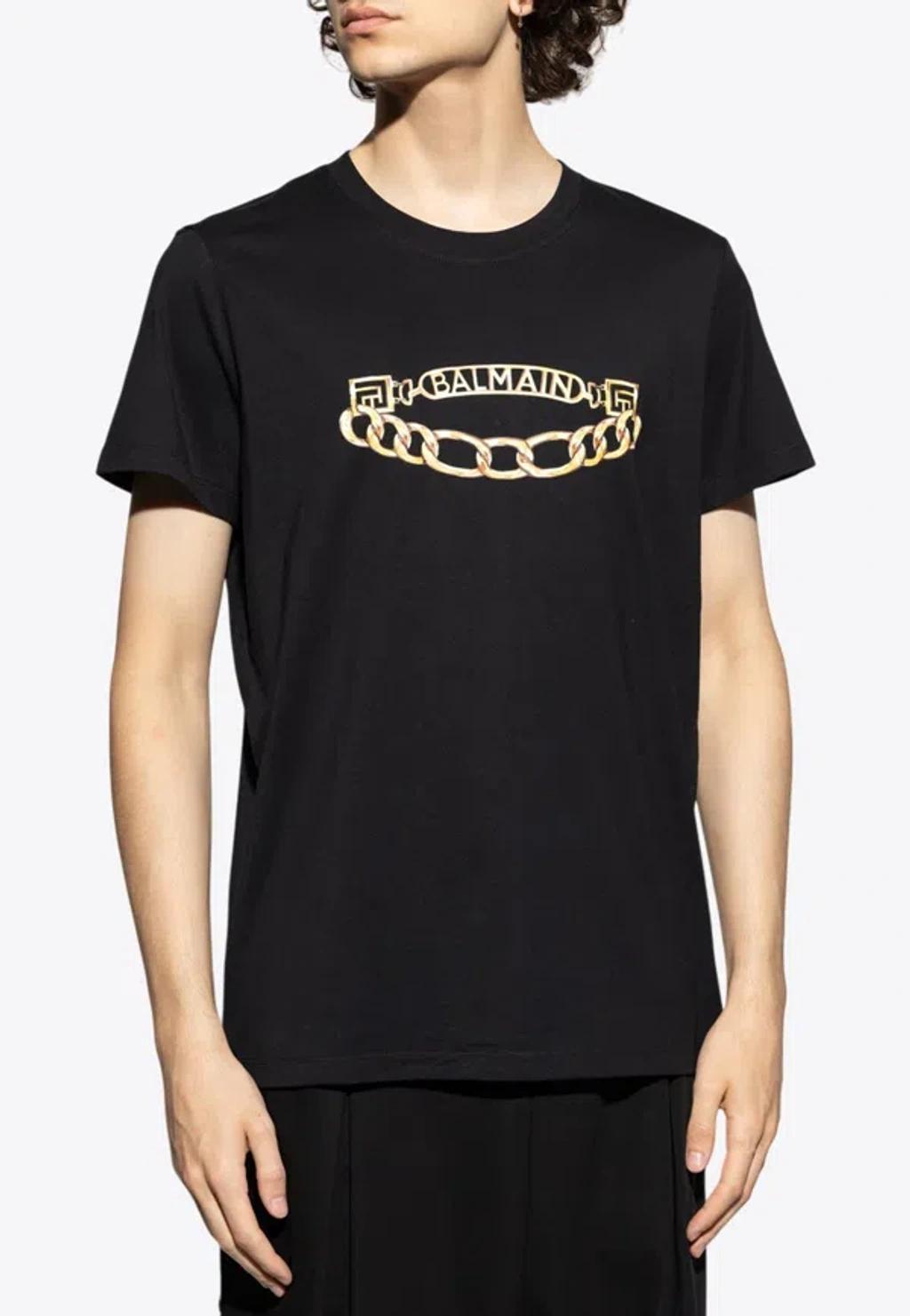 BALMAIN Black Crewneck T-shirt With Logo Print On The Front In Cotton Man Product Image