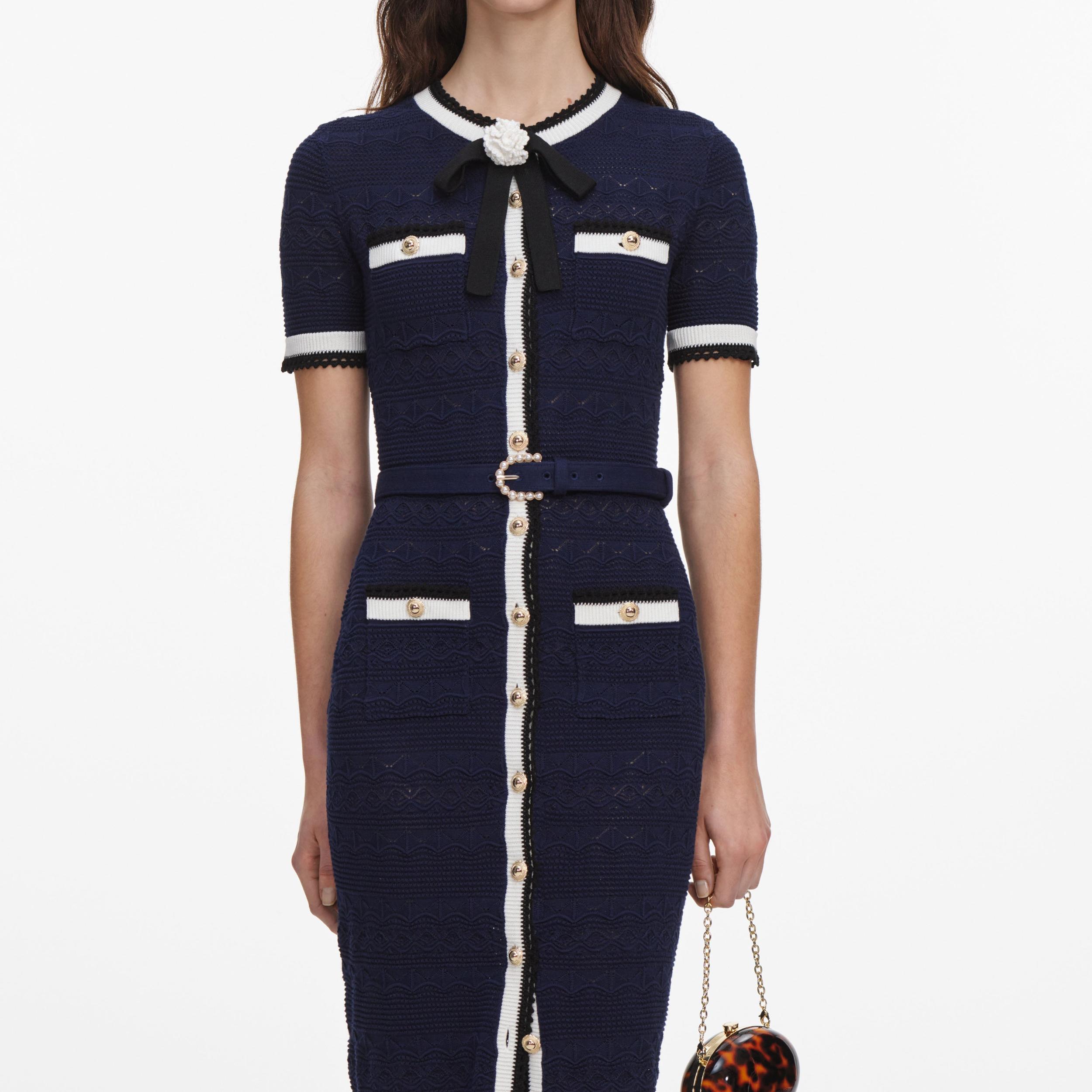 Navy Pointelle Knit Midi Dress Product Image