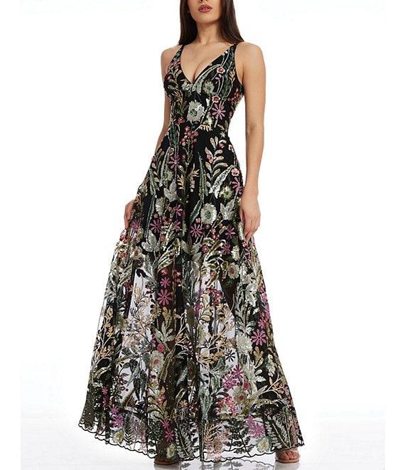 Dress the Population Ariyah Floral Sequin Mesh V-Neck Sleeveless Gown Product Image