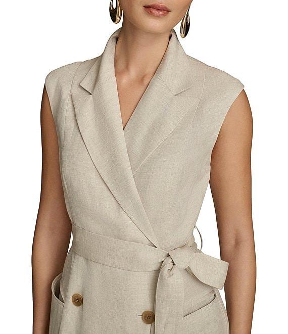 Donna Karan Collared Neck Cap Sleeve Tie Sash Button Front Linen Blend A-Line Midi Dress Product Image