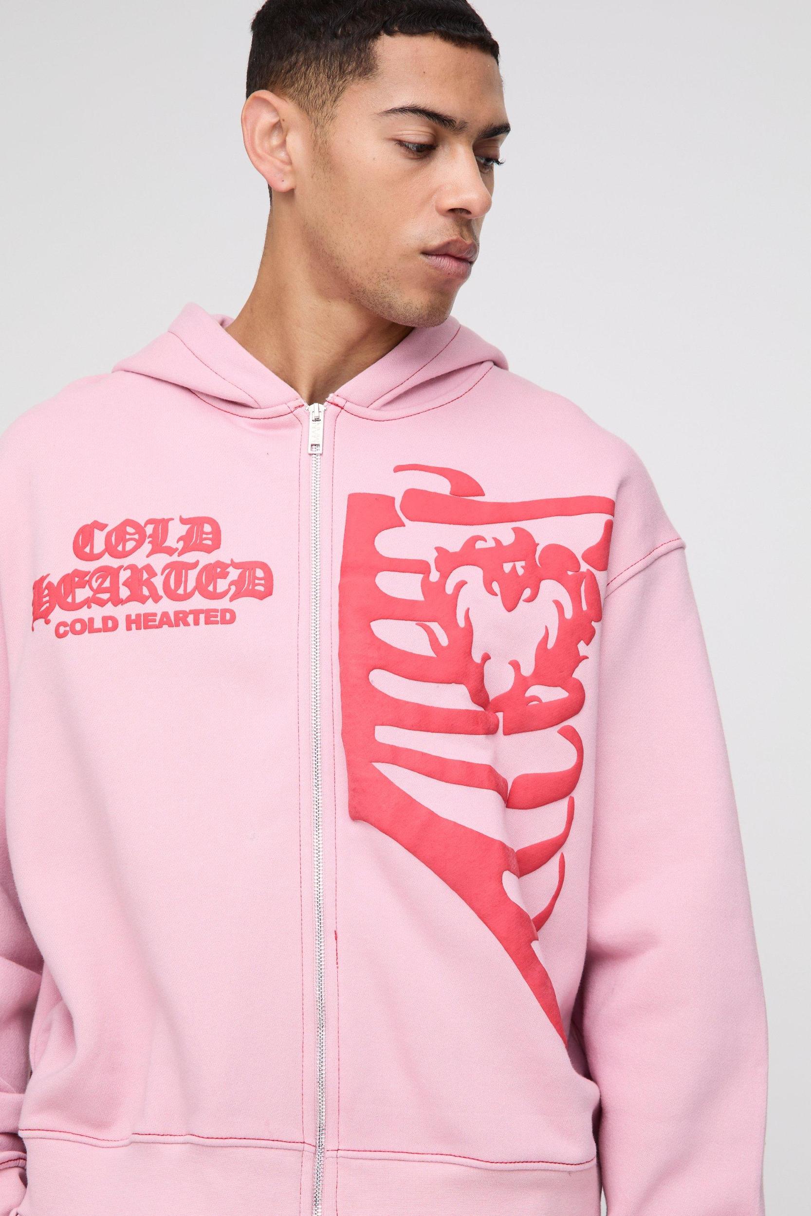 Oversized Boxy Skeleton Puff Print Contrast Stitch Zip Through Hoodie | boohooMAN USA Product Image