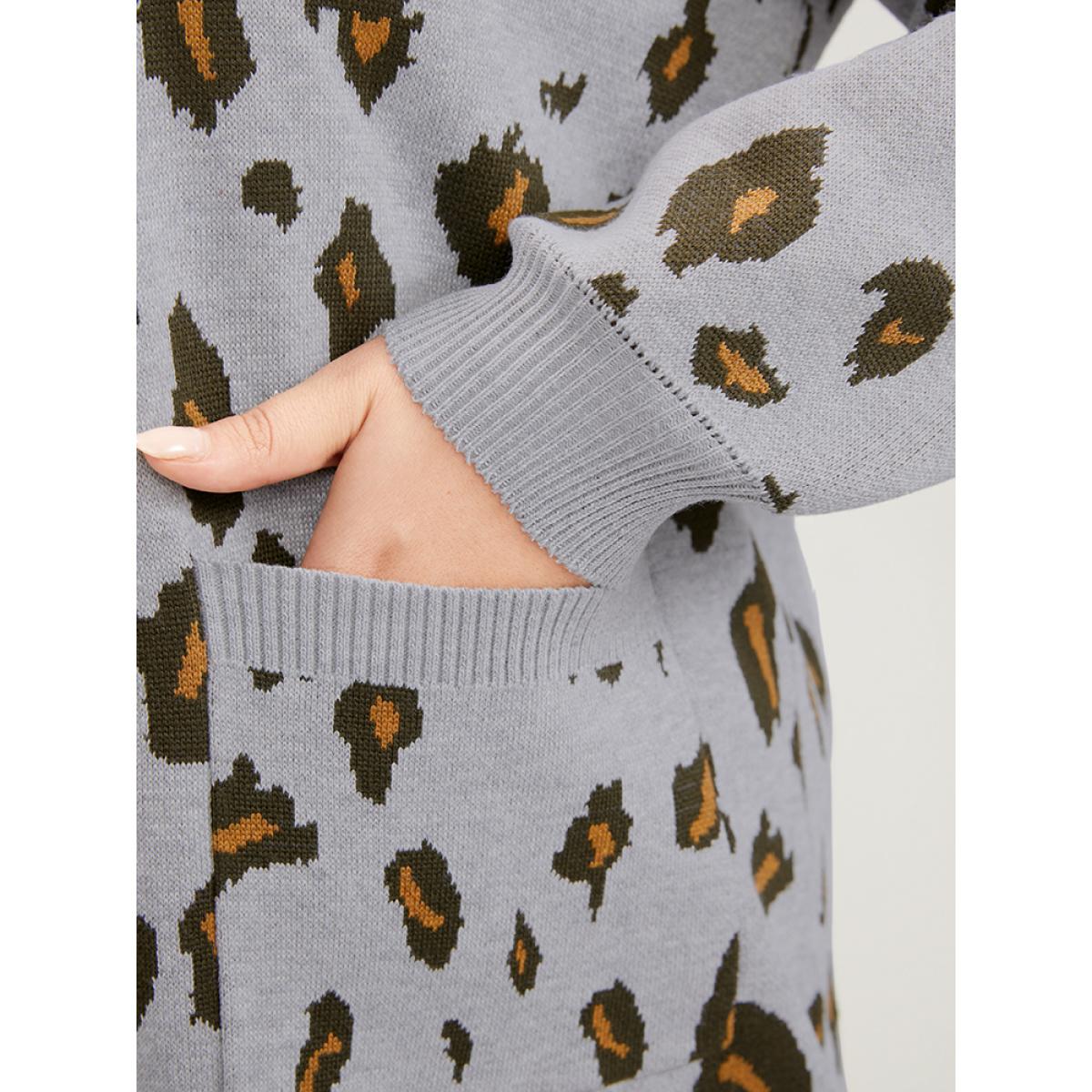 Plus Size Leopard Super Soft Knit Pocket Jacquard Open Front Cardigan DarkGray Women Casual Long Sleeve Dailywear Cardigans BloomChic 18-20/2X Product Image