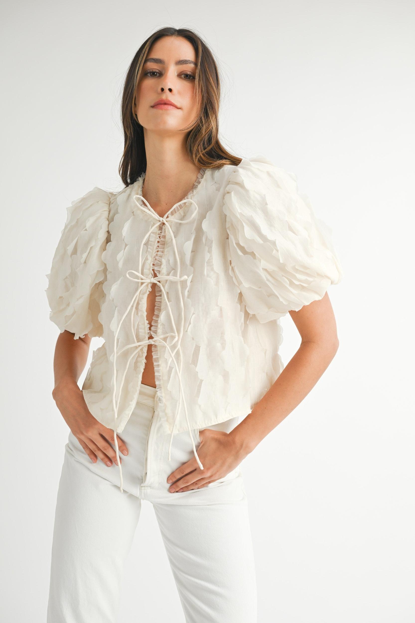 Textured Scallop Puff Sleeve Blouse Top Product Image