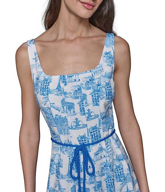 KARL LAGERFELD PARIS Toile Print Square Neck Sleeveless Waist Tie Belt A-Line Midi Dress Product Image