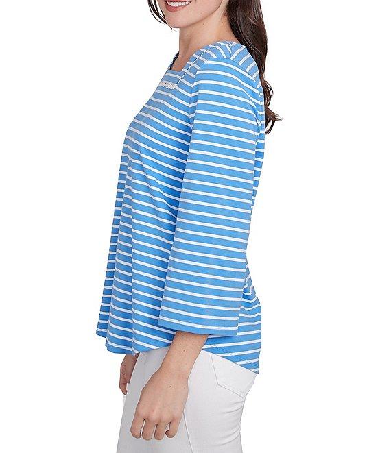 Ruby Rd. Knit Stripe Trim Square Neck 3/4 Bell Sleeve Top Product Image