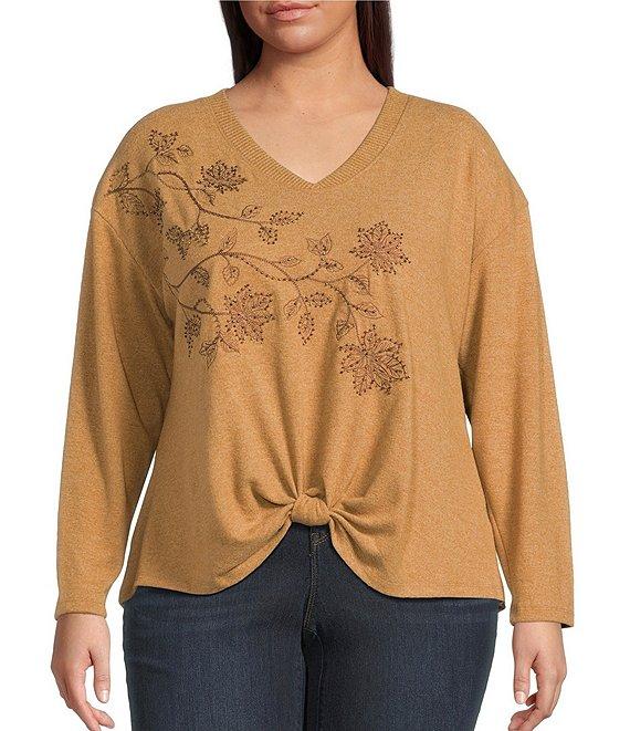 Democracy Plus Size Beaded Floral Embroidered V-Neck Long Sleeve Top Product Image
