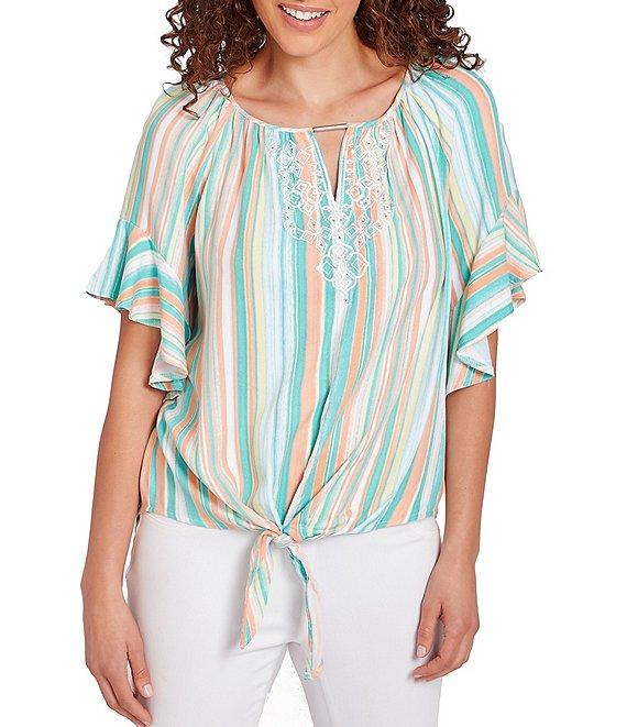 Ruby Rd. Woven Stripe Keyhole Neck Embroidery Short Flounce Sleeve Tie Top Product Image