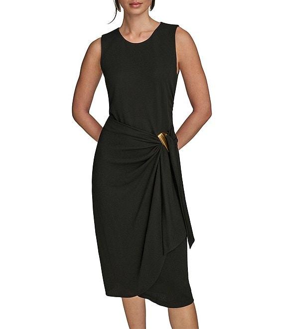Donna Karan Crepe Jersey Round Neck Sleeveless Drape Waist Hardware Midi Dress Product Image