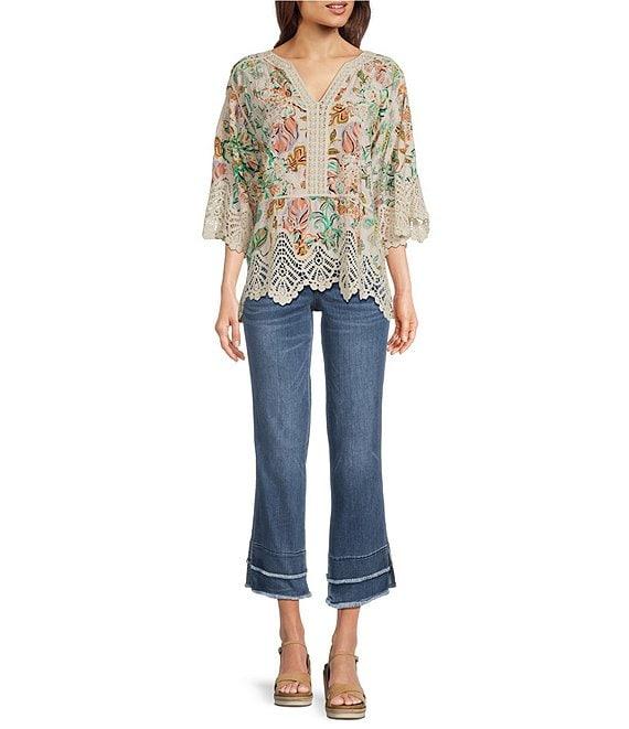 Democracy Petite Size Split V-Neck Crochet Scallop Trim Peplum Top Product Image