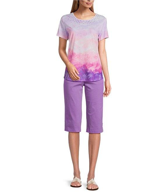 Allison Daley Petite Size Amethyst Sunset Print Short Sleeve Crew Neck Knit Top Product Image