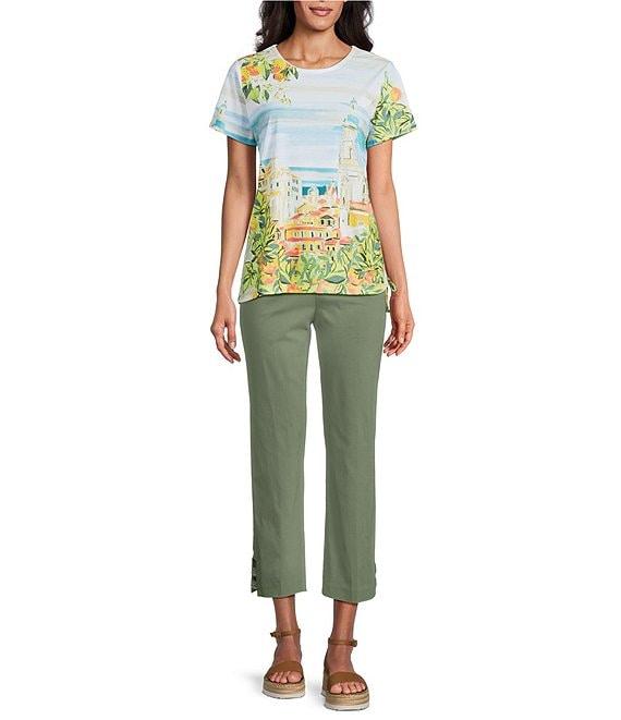 Allison Daley Petite Size Tuscan Village Print Short Sleeve Side Ruched Knit Top Product Image