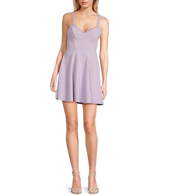 City Vibe Embroidered Flower Trim Sweetheart Neck Spaghetti Strap Fit And Flare Dress Product Image