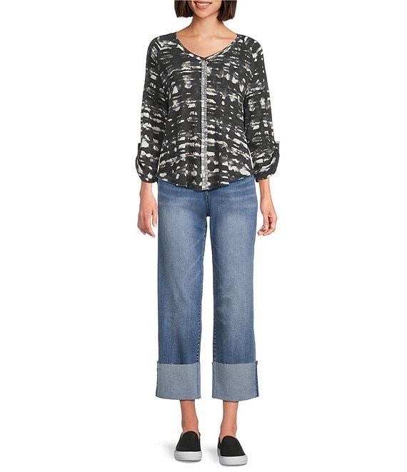 Westbound Petite Size Knit Black and White Watercolor Plaid 3/4 Bell Sleeve V-Neck Top Product Image