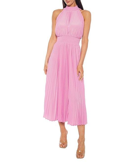 Marina Sleeveless Halter Mock Neck Smocked Pleated Crepe Chiffon A-Line Midi Dress Product Image