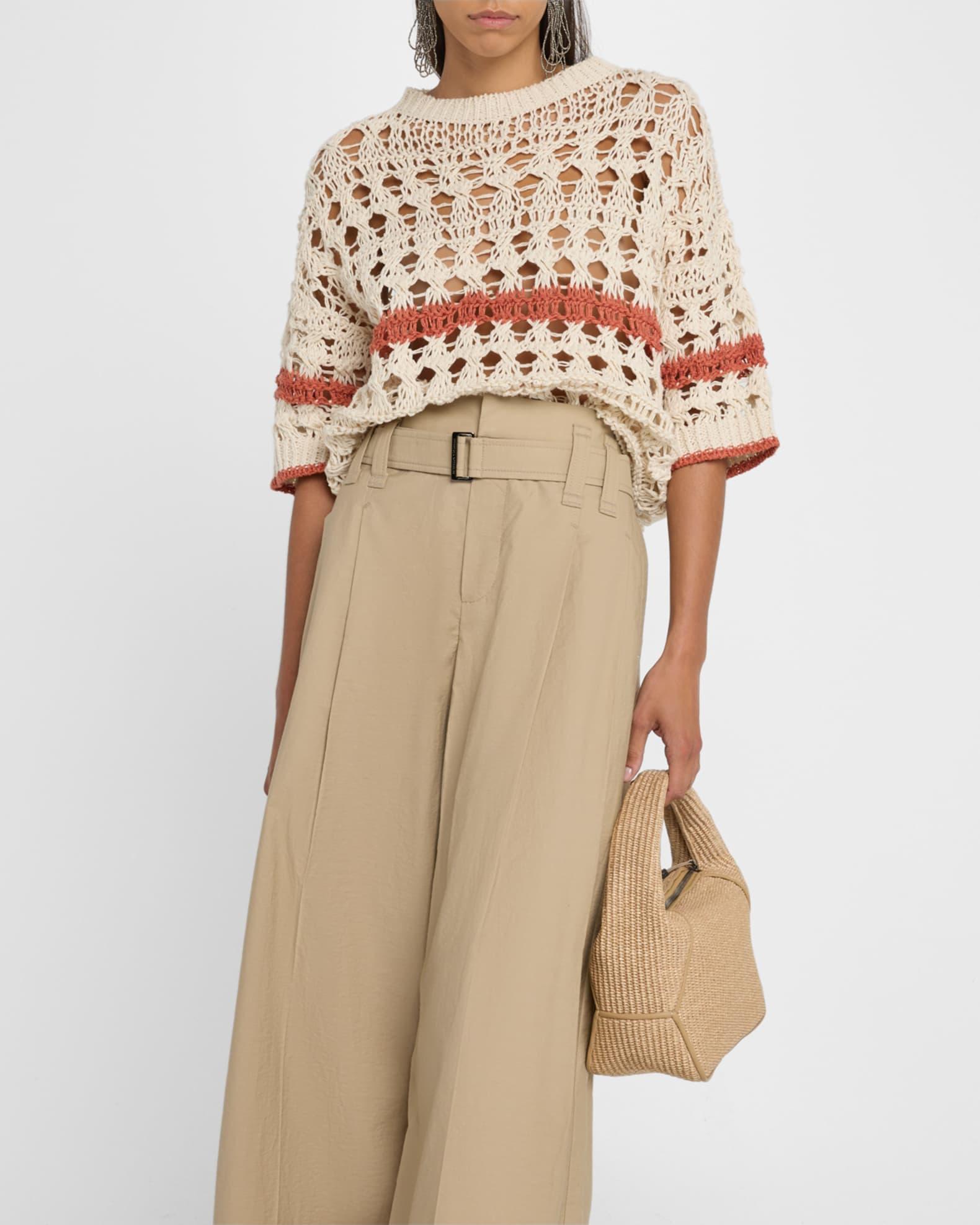 Stripe Cotton-Jute Open Knit Short-Sleeve Sweater Product Image