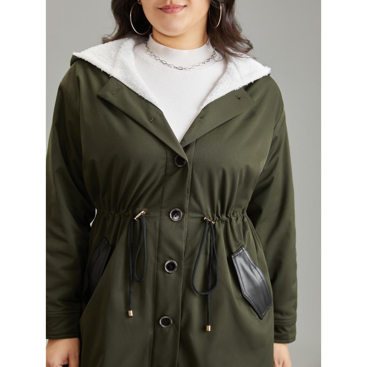 Plus Size Patchwork Fuzzy PU Leather Drawstring Coat Women ArmyGreen Casual Contrast Ladies Dailywear Winter Coats BloomChic 22-24/3X Product Image