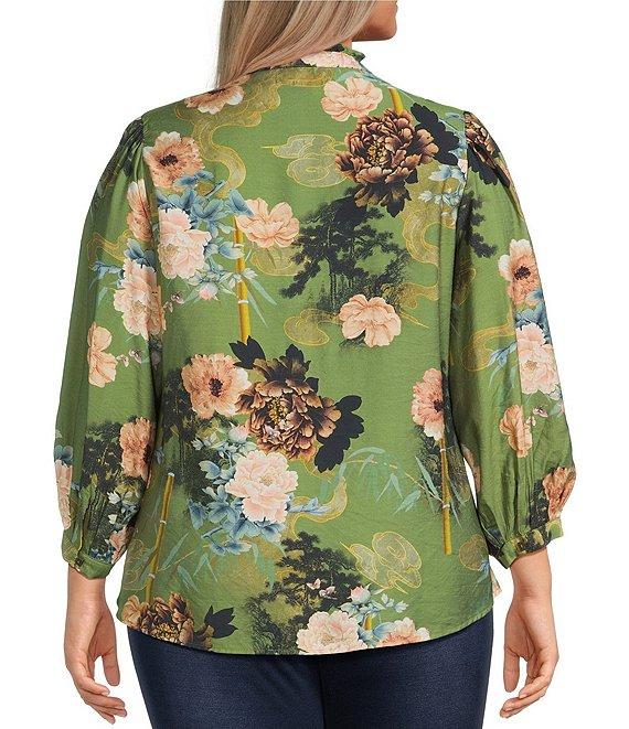 Calessa Plus Size Floral Split V-Neck 3/4 Sleeve Button Front Tunic Product Image